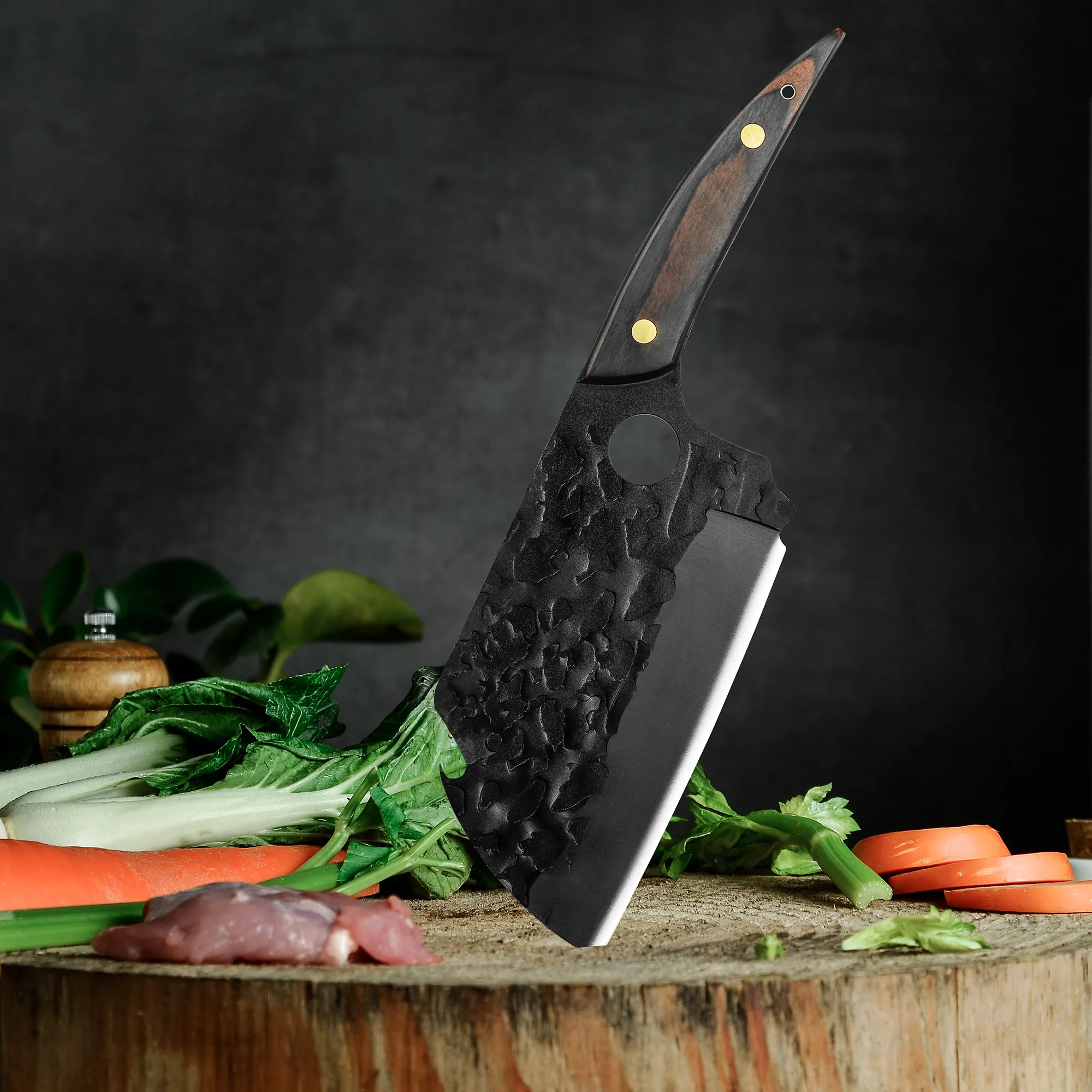 Xingye Yangjiang Wholesale Knives Hammer Finish Effort Saving Hole Blade Stainless Steel 7 Inch Chef Black Kitchen