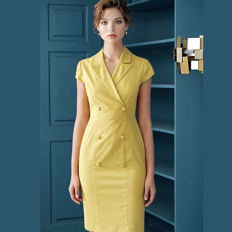 yellow/gray  lady elegant career dresses women fashion clothing 2019 summer T2598