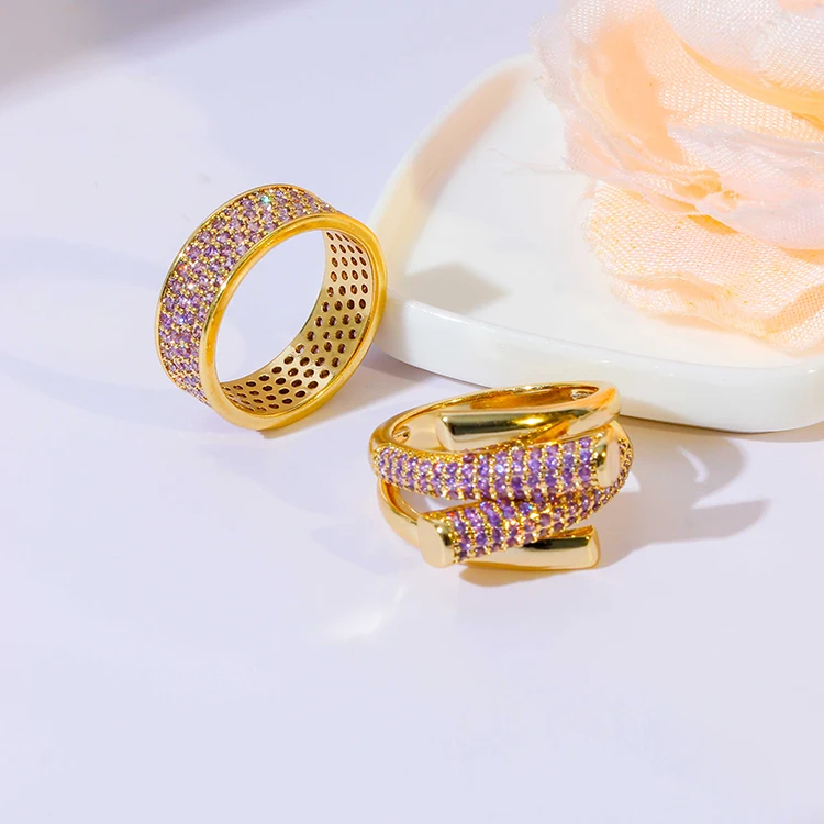2024 New Round Stone Color Ring Diamond Ring Dense Wax Micro Inlaid Color Zircon Plated 18k Gold Ring