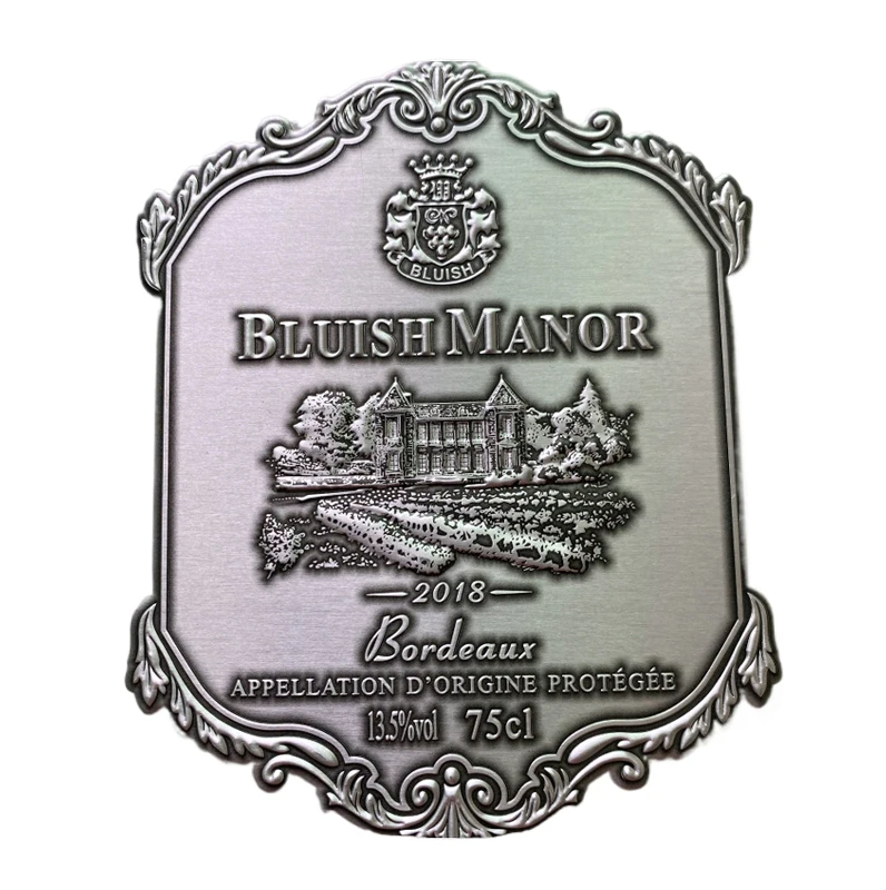Design Luxury Aluminum Crafts Three Dimensional Embossed Chrome Plated Stickers  Metal Wine Label Logo