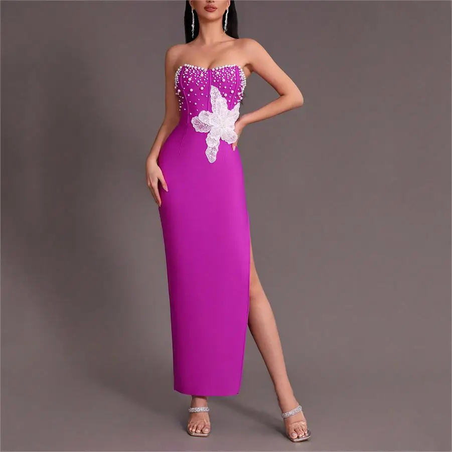 Advanced High Quality Women Strapless Pearls Flower Slim Evening Party Birthday Ball Dress Off Shoulder Side Slit Bandage Dress