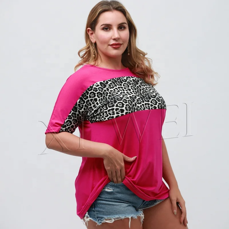 Ladiesreadymade rose-carmine patchwork t shirts women blouse Leopard crew neck summer adult women t shirt tshirts