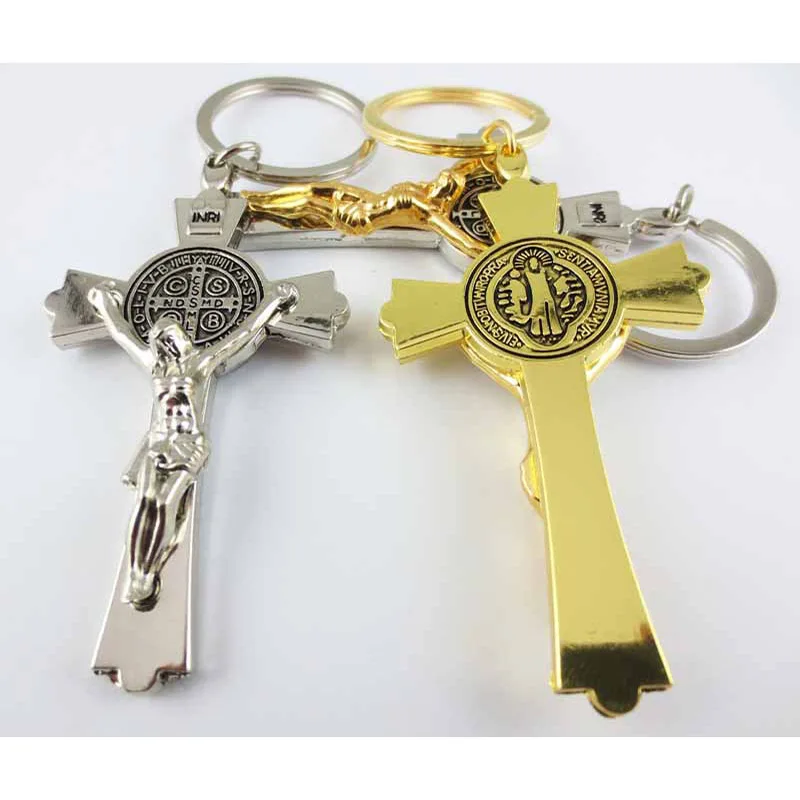 Church Catholic Christian Religion metal mini cross keychain Saint Benedict Retro Cross Key rings Jerusalem Charm Baptism Gift