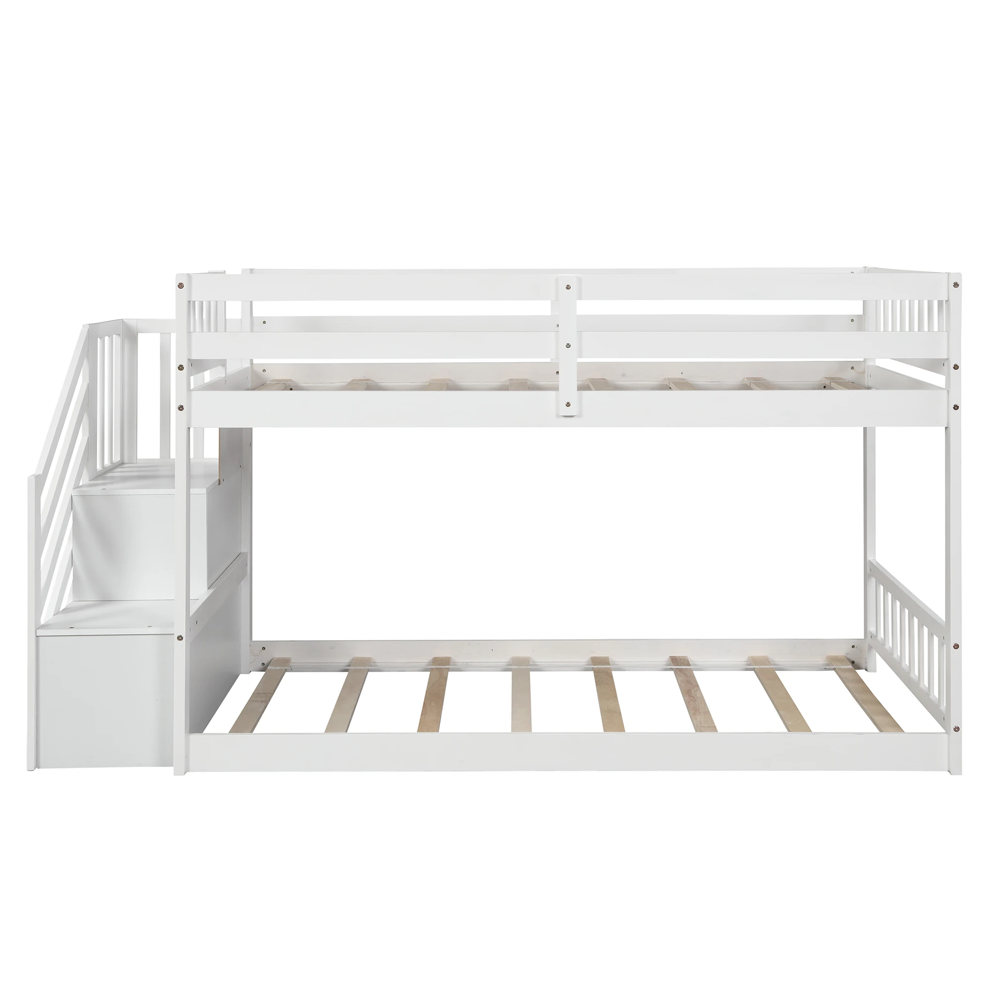 Twin over twin floor bunk bed, ladder with storage, white Solid wood low bunk beds for children