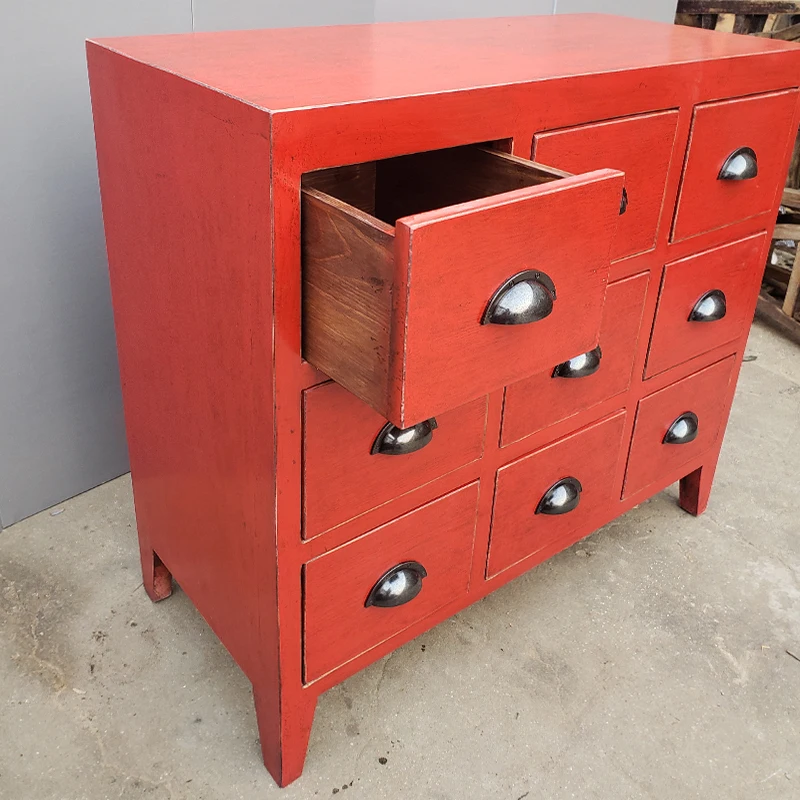 Antique nine drawers chest distressed lacquer living room kitchen sideboard furniture