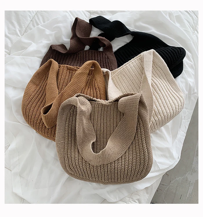 Fashion casual knitted women shopping bag new pure color woolen knitted beach bag