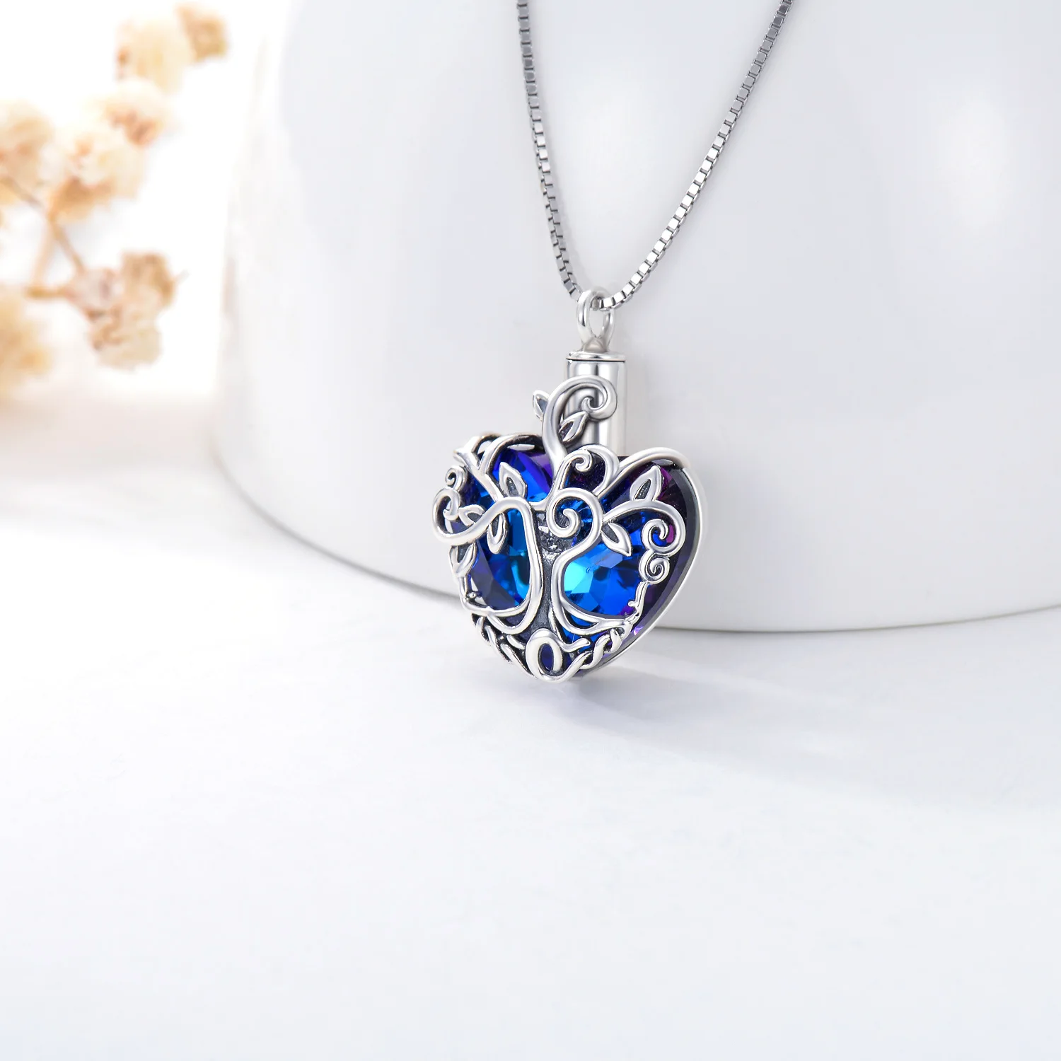 925 Blue Heart Crystal Tree Of Life Plating Silver Oxide Keepsake Ashes Memorial Cremation Jewelry Celtic knot Urn For Women Men