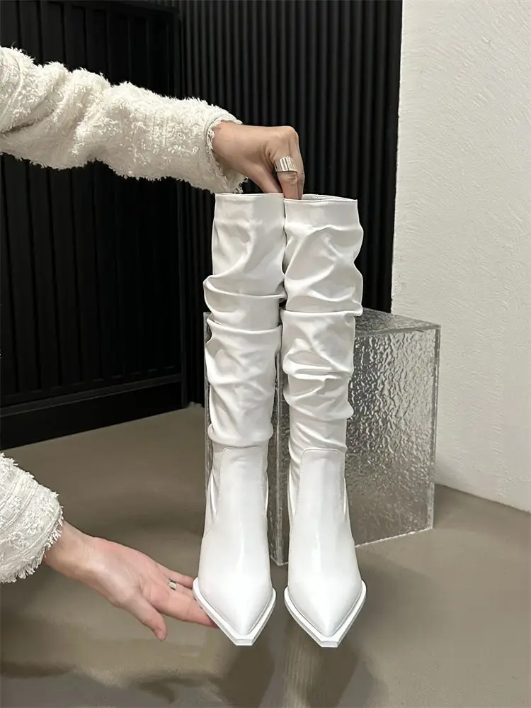 Busy Girl White Patent Leather Zip Stiletto High Heels Shoes Ladies Over The Knee Boots For Women Thigh High Boots
