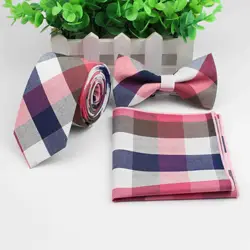 Cotton Neck Tie Set For Men Slim Necktie Strip Tartan Hankerchief Bowtie Set Papillon Wedding Cravat Butterfly Corbatas