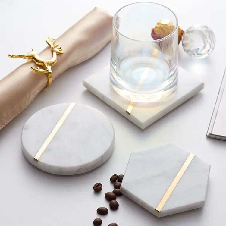 Marble Brass Insert china marble cocktail smart coaster Toy Brass Lining Beer Coasters For Sale Agate Slice With Gold Edge