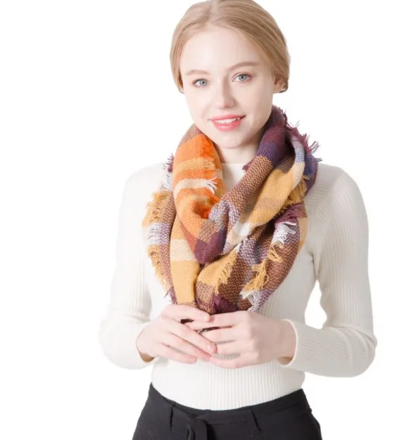 Acrylic infinity scarf plaid neck warmer wholesale women winter scarf