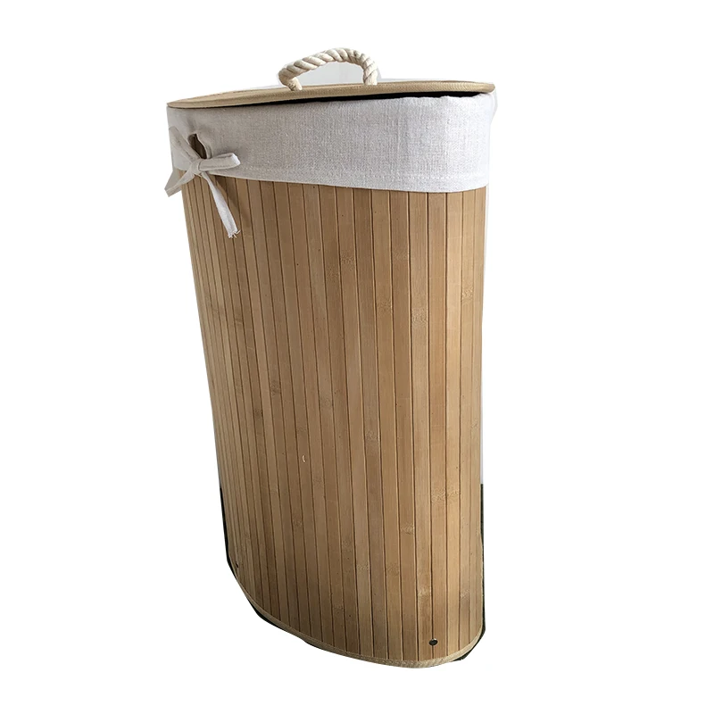 Collapsible Hamper Corner Bamboo Laundry Basket With Lid Moving Lining For Toys Dirty Clothes