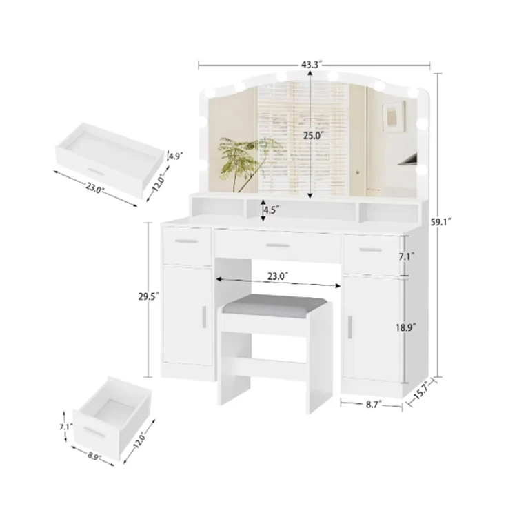 Wholesale Price Custom Vanity Desk Makeup Vanity Table with 3 Drawers 2 Cabinets Long Storage Shelf 10 Led Light