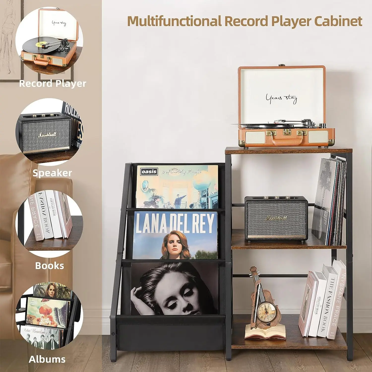 Vinyl Record Holder End Table 3-Tier Record Storage Turntable Stand Record Player Table Stand