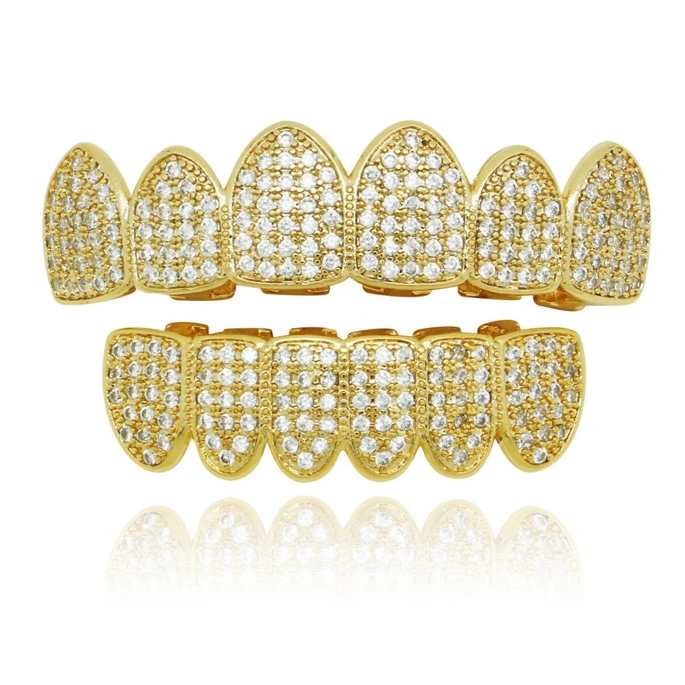 18k New Wholesale Men Hip Hop Jewelry Gold Teeth Grillz Top & Bottom Iced Out Grilz Custom Dental Grills