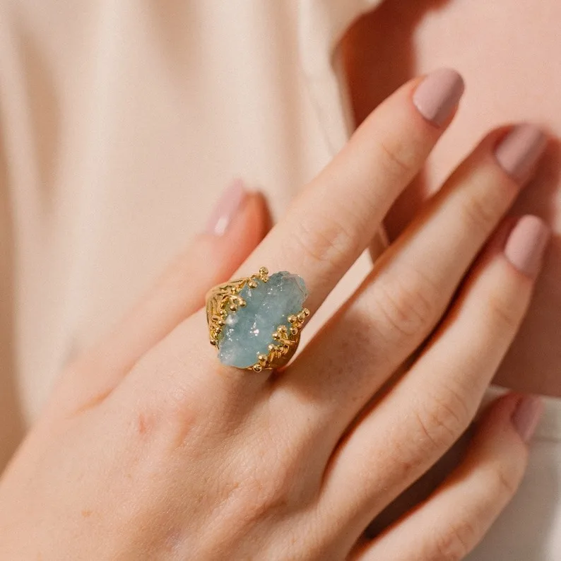 Yoga Spiritual Gemstone Druzy Raw Stone Aquamarine Rings