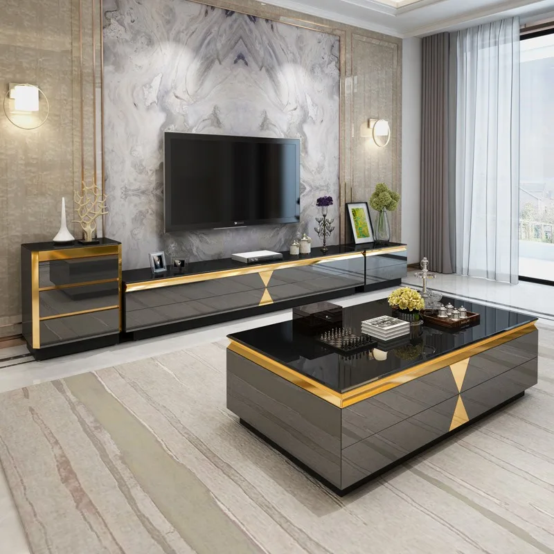 Living Room Furniture Modern Extendable Mirror Coffee Table Black Glass Coffee Table