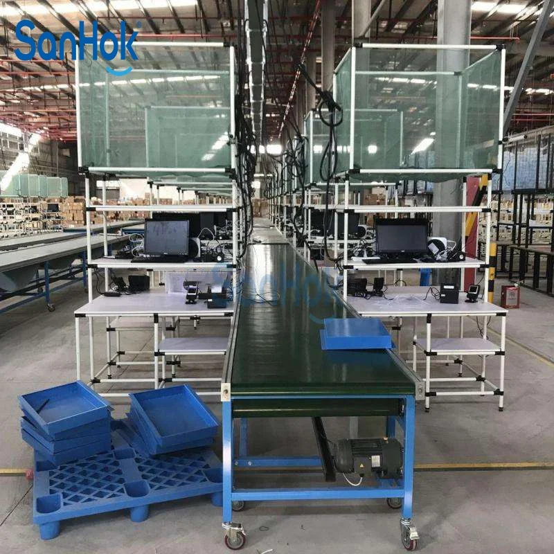 Warehouse Packaging Logistics Lean Tube Work Table With Belt Conveyor And Shelf