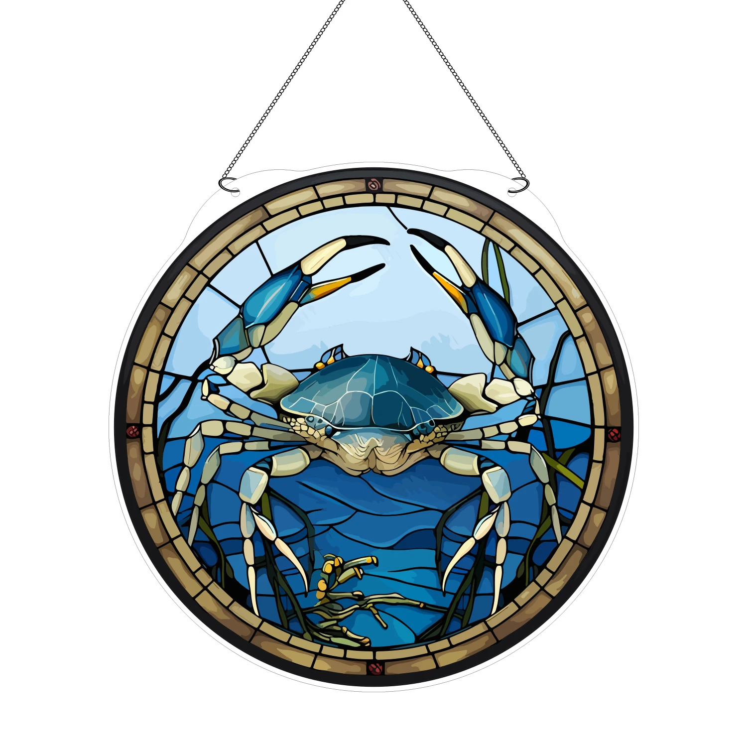 Creative Blue Home Decoration Crab Pattern Circular Card Colored Glass Window Decoration