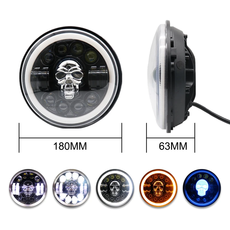  High Quality Skull Design Waterproof RGB Angel Eyes Projector Round 7 inch LED Headlight for Harly Davidson