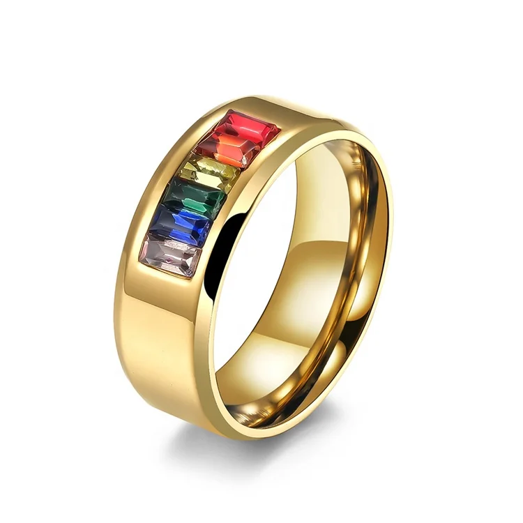 Hot Selling Stainless Steel LGBT Gay Pride Rainbow Stones Ring Gold Plated Lovers Couple Ring