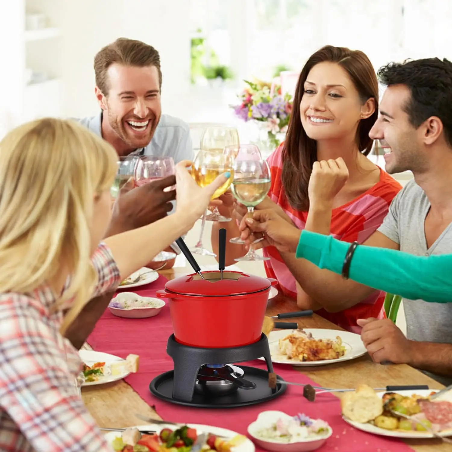 Hot selling enamel hot pot cast iron fondue pot 6 fondue forks chocolate cheese fondue set for chocolate