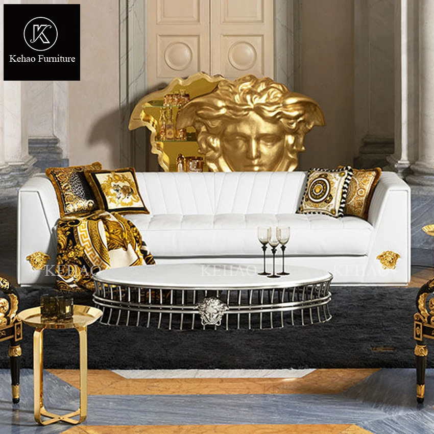 royal golden Italy 2 seart home living room furniture sofa set leather couch 3 seater villa white dubai luxury medusa sofa