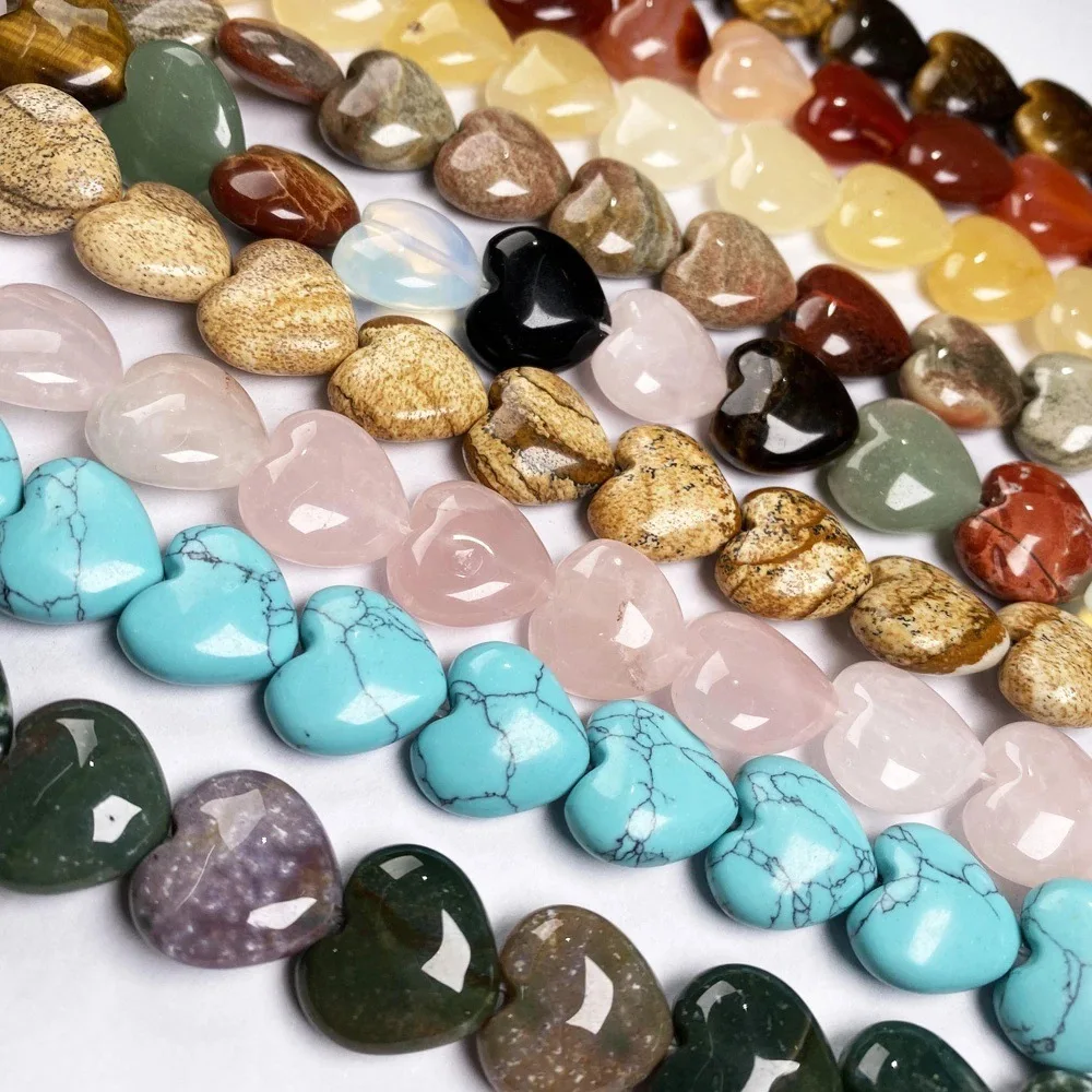 Wholesale 16mm natural crystal healing stones semi-precious loose gem bracelet beaded love heart shaped beads for jewelry making