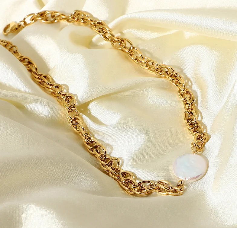 Vintage Baroque Pearl Chain Choker 18k Gold Plated Stainless Steel Statement Thick Chunky Bold Chain Pearl Necklace Jewelry