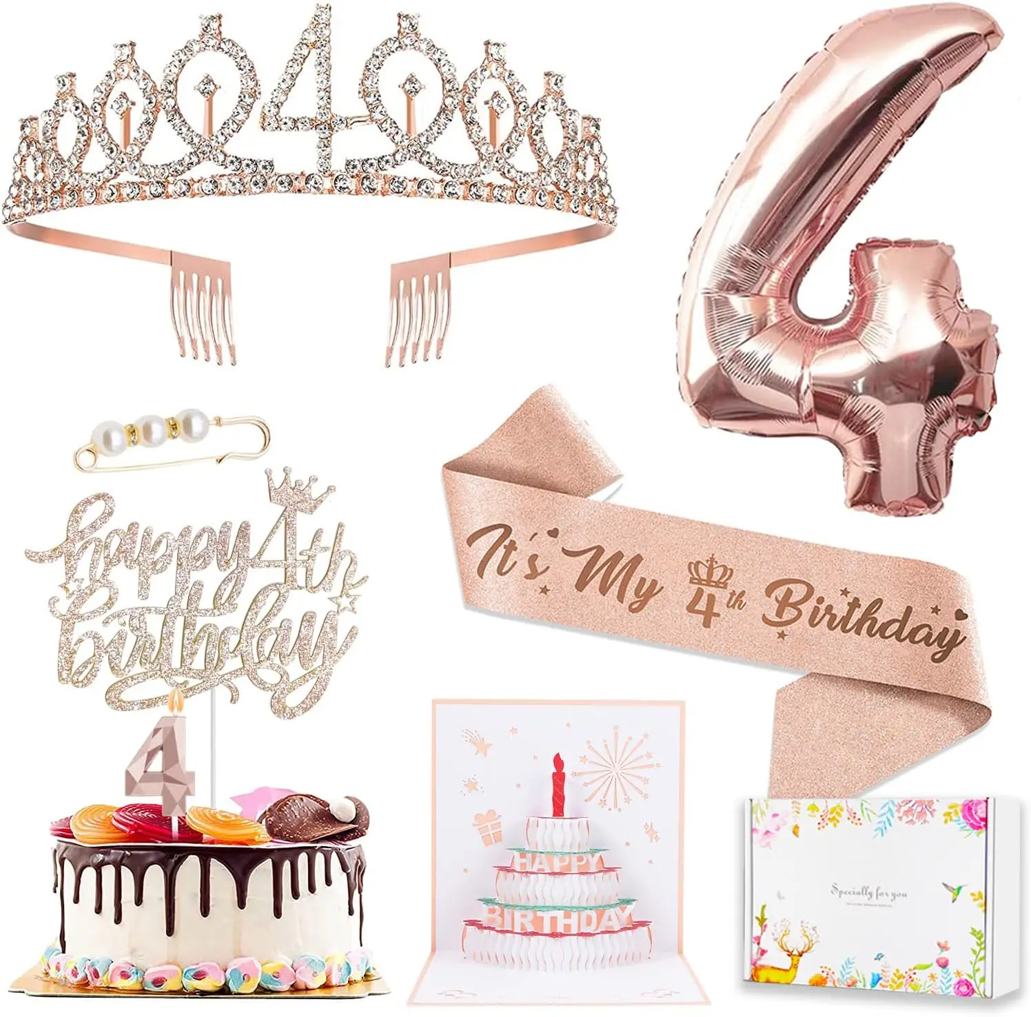 4th Birthday Sash and Tiara, Birthday Cake Topper and Number 40 Candles, Balloons, 3D Birthday Card For Women