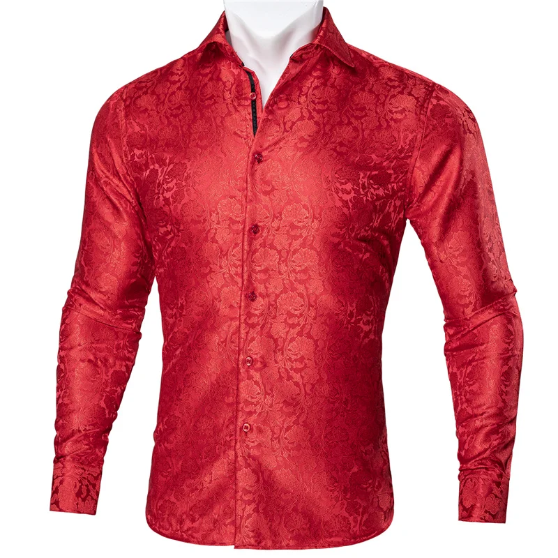 Fashion Men Shirts Silk Paisley Flower Long Sleeve Dress Shirt for Business Party Woven Silk Casual Designer