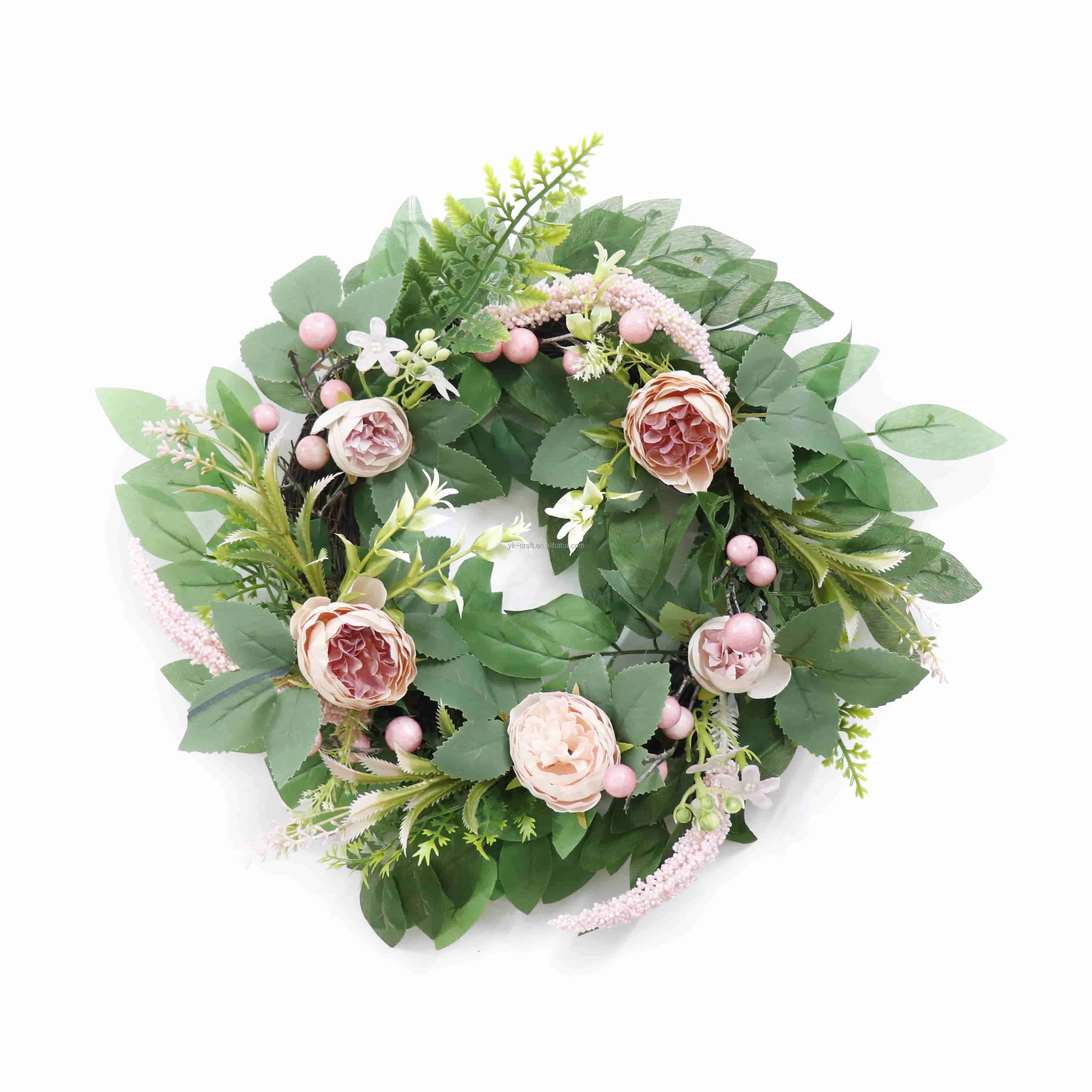 Wholesale Greenery Leaves Wreaths Artificial Pink Flowers Wreath Rattan Garland With Berry Branches