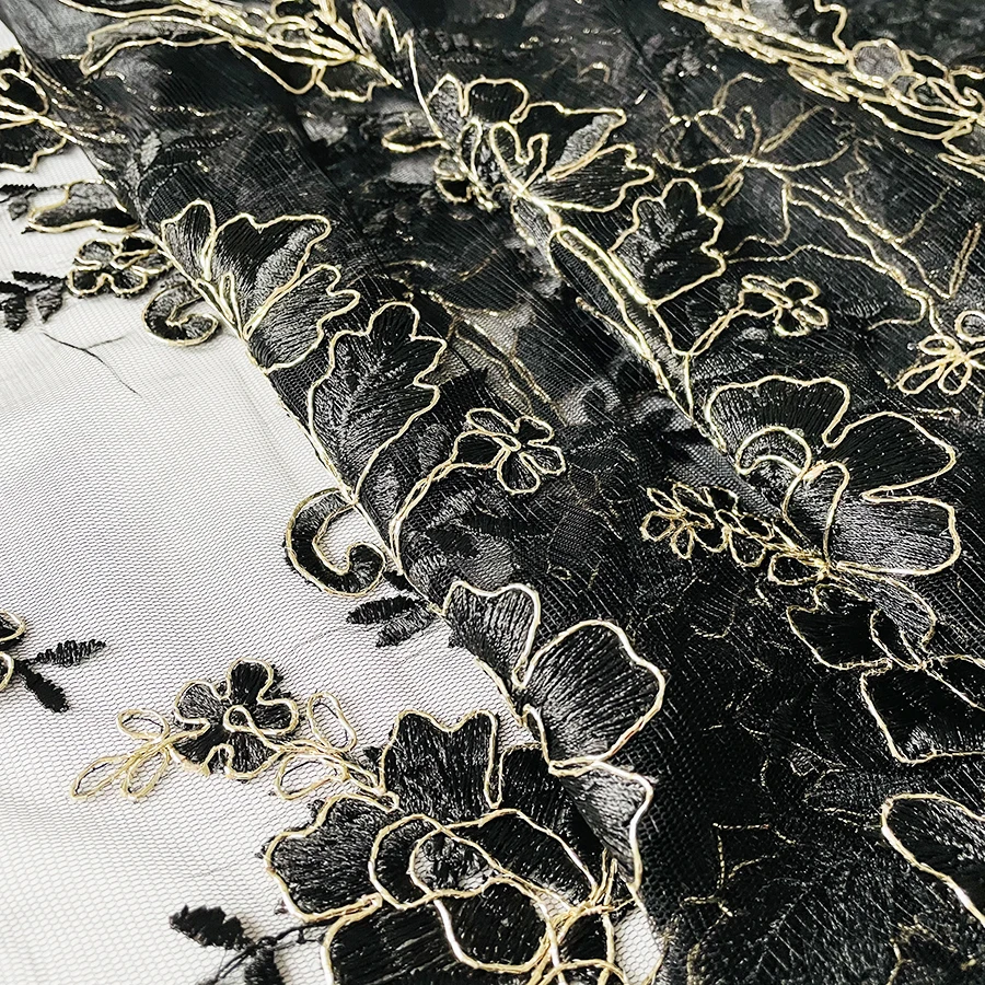 FLORAL GOLD CORDING BLACK MESH