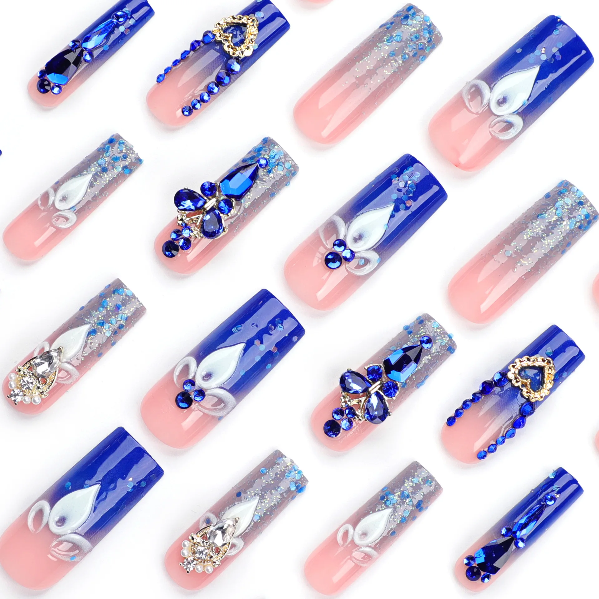 C450 SAFENG 24pcs French Sparkling Diamond Press On Nails Blue Bling Long Square Artificial Fingernails False Nails