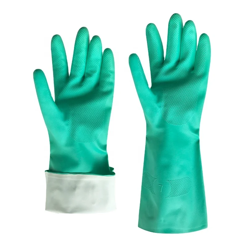 Hot sell Industrial Safety cut glove acid and alkali resistant long cuff green Nitrile coated Gloves