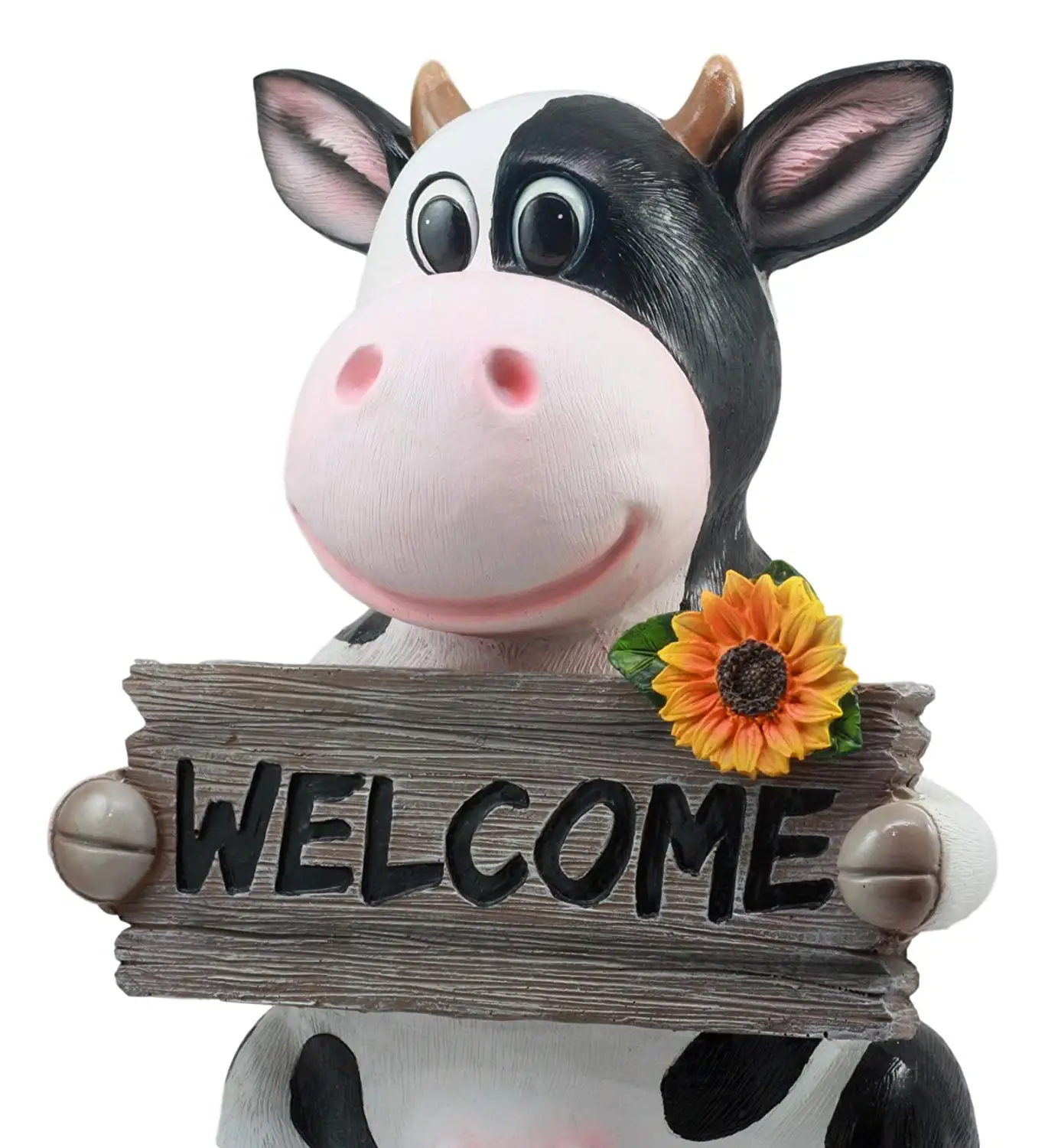 Whimsical Holstein Cow with Welcome Sign Statue  Sunflower Cow Garden Greeter Figurine