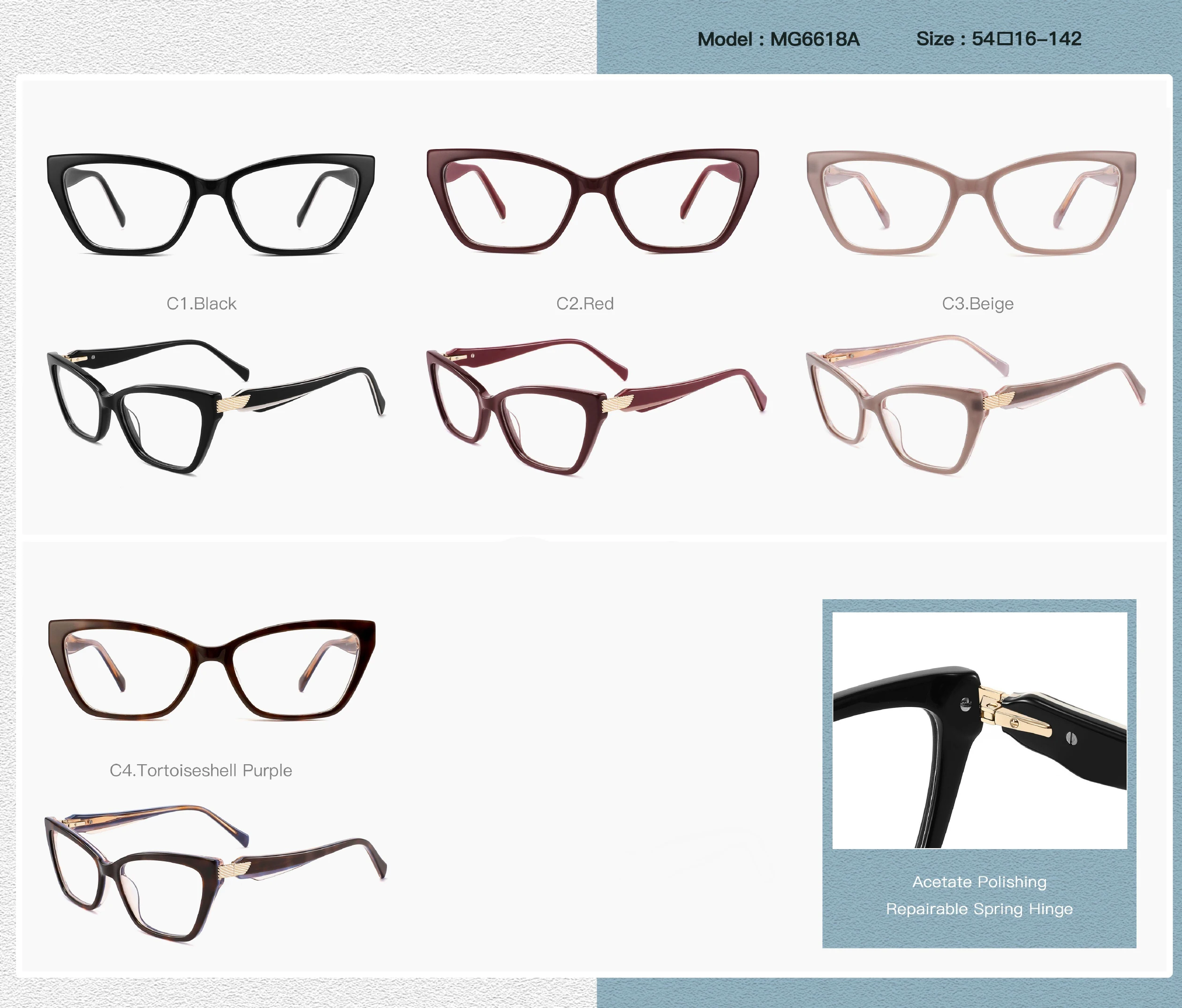 Cellulose Acetate Eyeglasses Frame Women Optical Glasses Custom Acetate Polishing Repairable Spring Hinge For Men