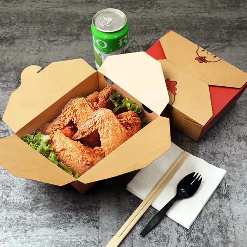 Manufacture Disposable Biodegradable Kraft Paper Take Away Lunch Fast Food Box Packaging