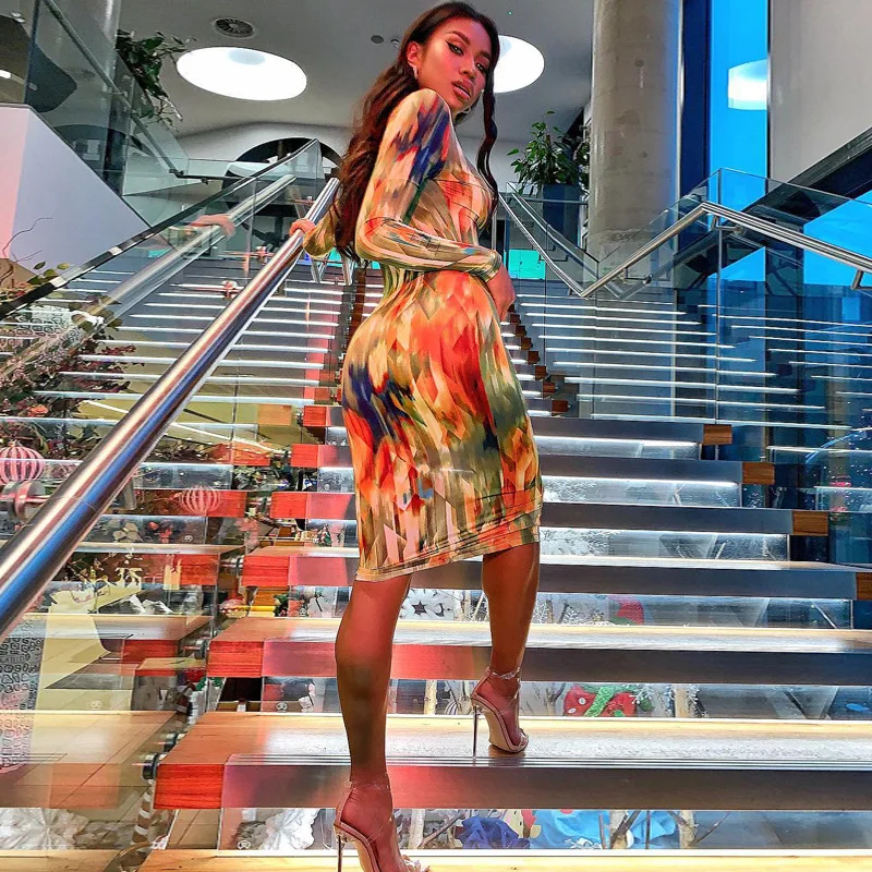 Wholesale boutique womens clothing casual dresses elegant deep V neck tie dye women long party dress