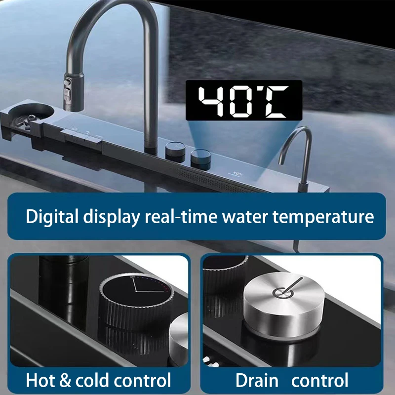 Kitchen Sink Single Bowl Handmade Sink Anti-Scratch Waterfall Faucet with Cup Washer and Digital Display