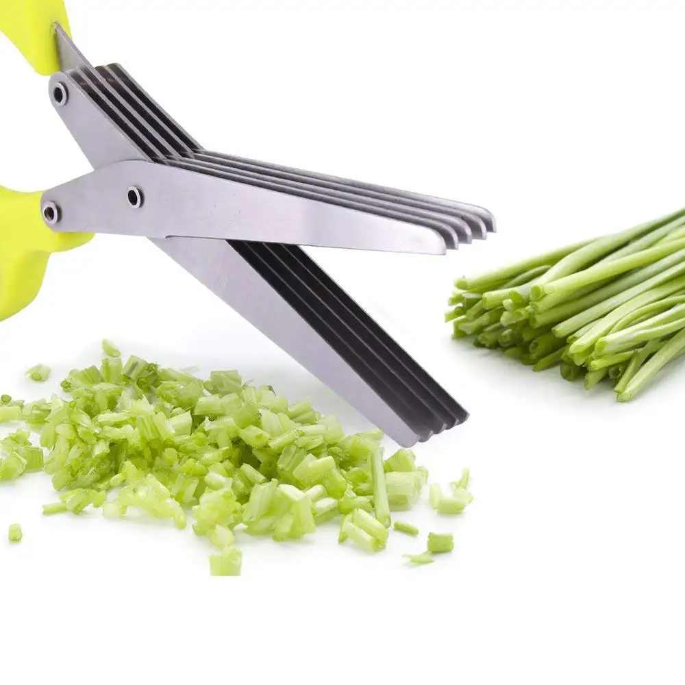  Multi-Function Home Kitchen Stainless Steel 5 Blade Scissors with Brush Silicone Food Bag Set Shears Vegetable