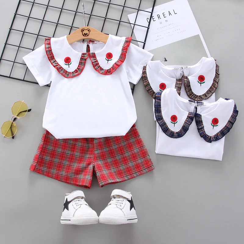 2021 summer girl cute sweet wave neck two-piece suit girl baby plaid western style Korean clothes