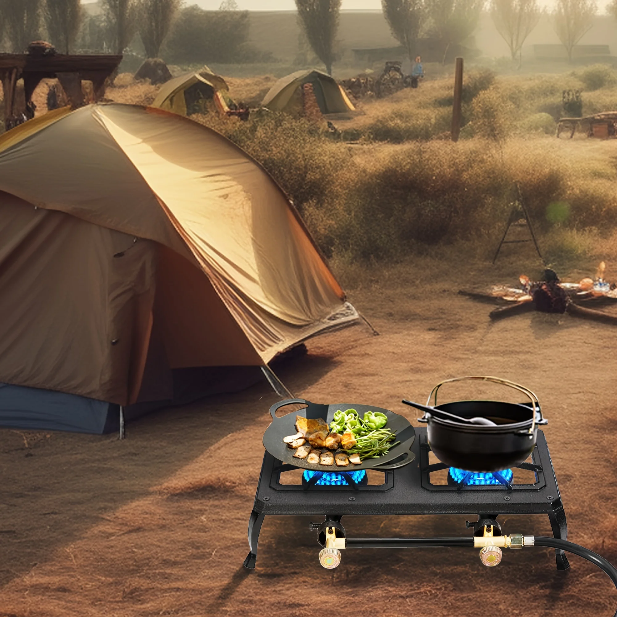 Portable Double Burner Cast Iron Camping Stove  Listed Regulator Gas Hose Outdoor BBQ Camping Cooking 2 Burner stove