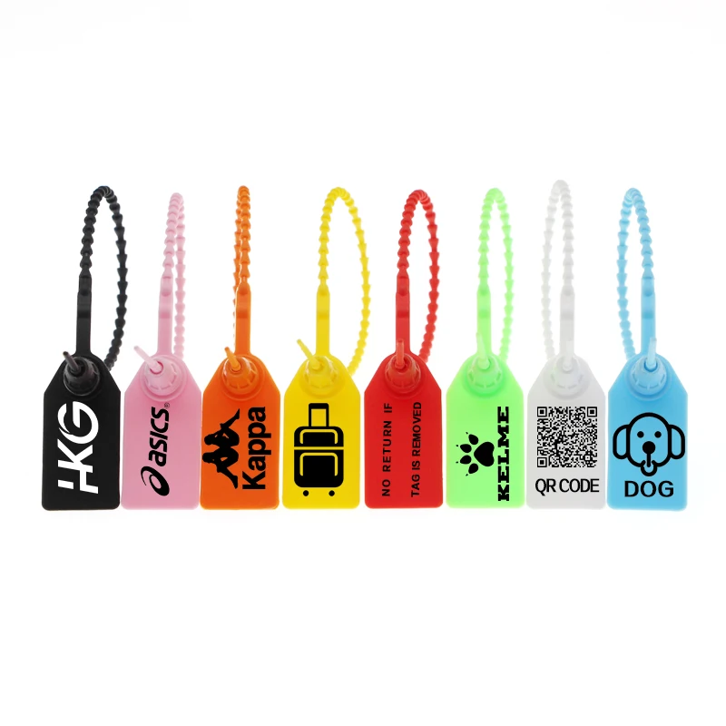 logo custom shipping pull tight plastic tamper proof security seals clothes pants clothing shoe labels t shirt hang tags