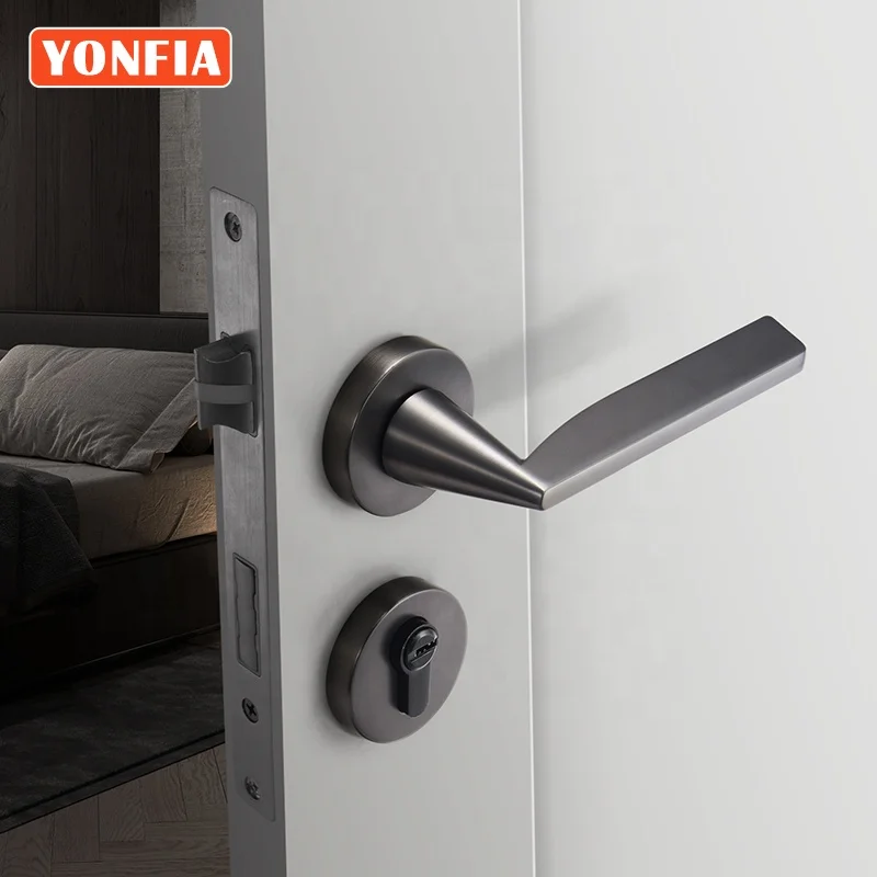 YONFIA 8048N safety black zinc alloy interior wood door handle set lever lock with brass cylinder mortise lock door handle