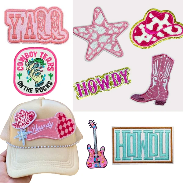 CustomTrendy Heat Press Woven Sequin Embroidery Embroidered Trucker Western Hat Patches Iron on for Caps Hats Clothing badge