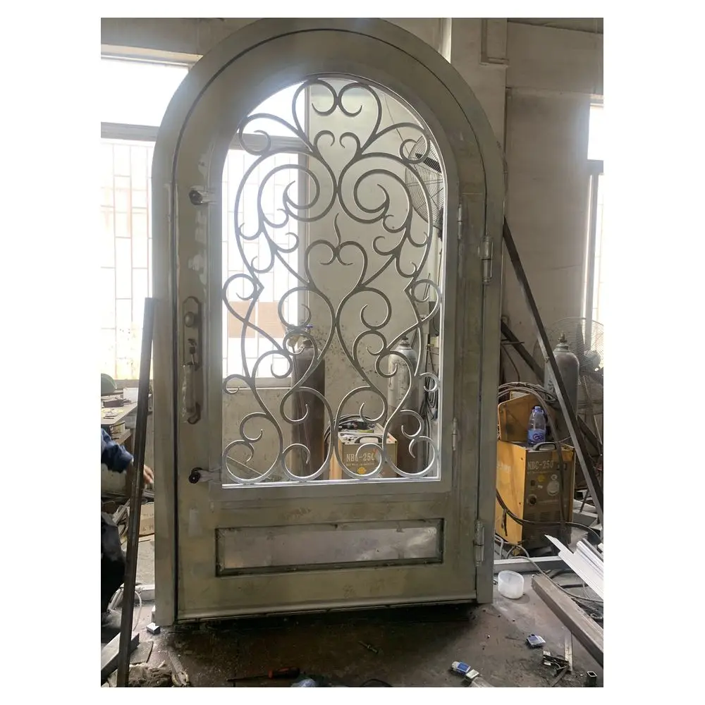 Prima Exterior metal black Villa Main Entry Door New Design Arch Decorative Grille Double Wrought Iron Entrance Front Doors