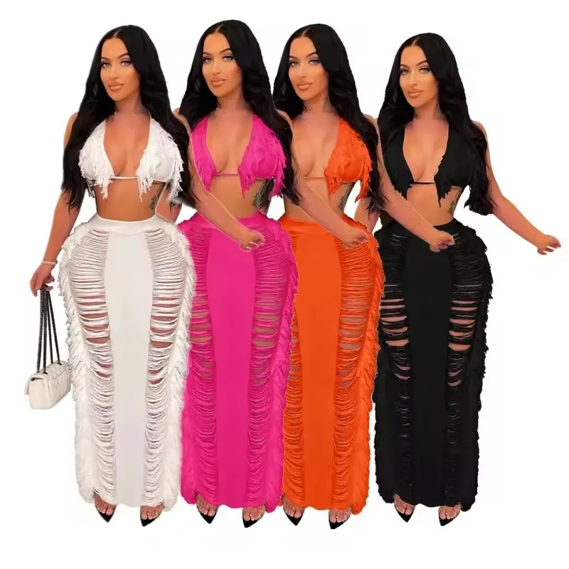 STOCK New Backless Sexy Two Colors Crochet Set For Women Long Sleeve Top Knit Summer Beach Skirt Swimwear Cover Up Bikinis