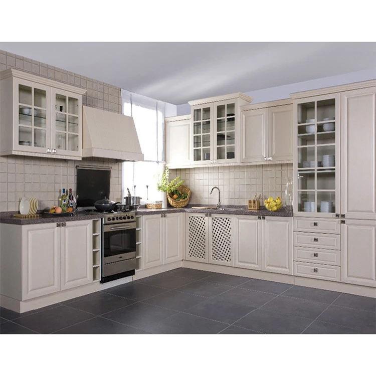 Home hotel wooden cabinet furniture design modern pearl white pvc membrane modular kitchen cabinets sets with granit tops