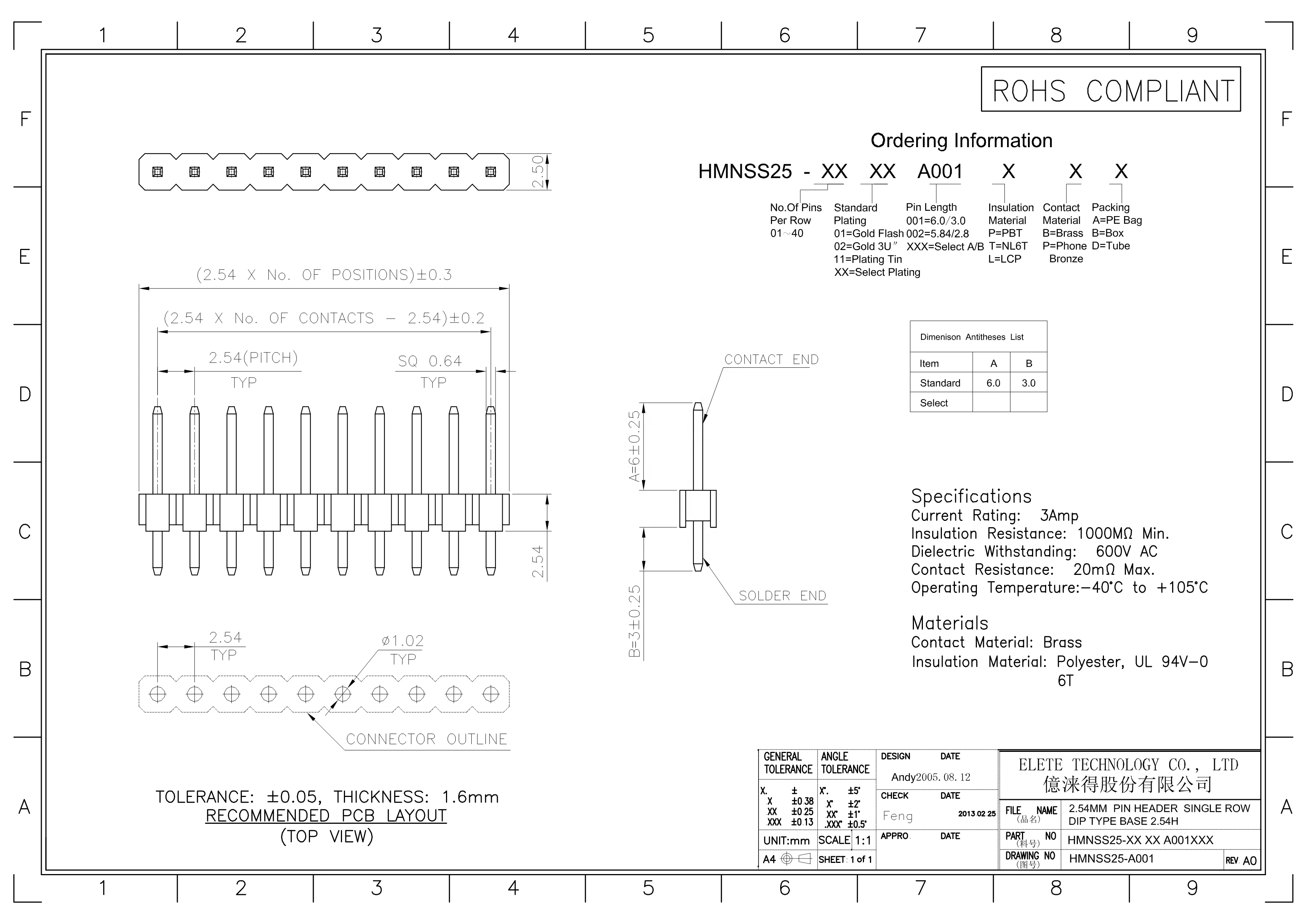 5.08mm Board Spacer Single Row Straight Type Pin Header